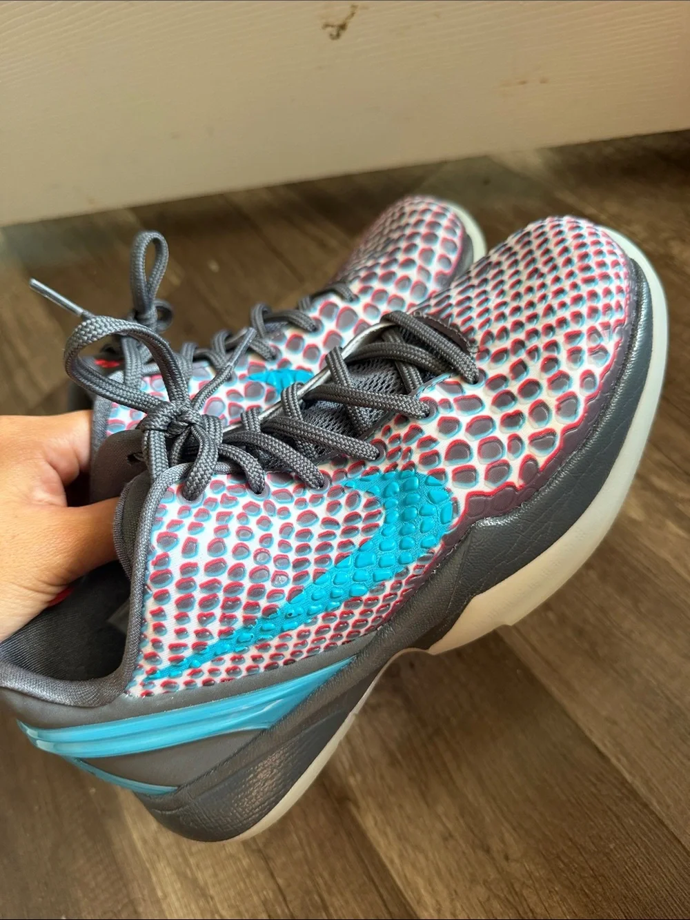 Kobe Bryant Basketball Shoes in Grey with Red & Teal Accents